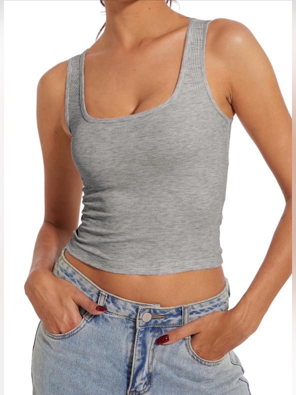 AnotherChill Women’s Ribbed Crop Tank Top Scoop Neck - Heather Grey - XS